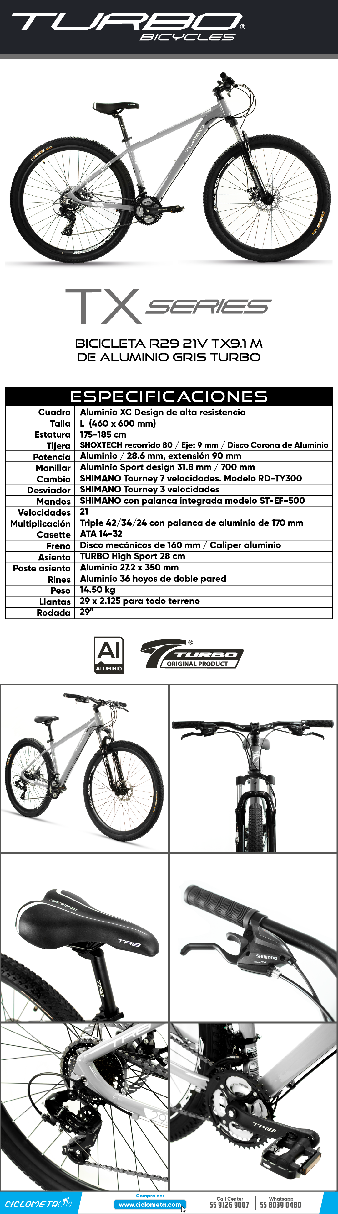 Ciclometa Detalles Bicicleta R 29 Montaña TX 9.3 Terra Talla L Turbo