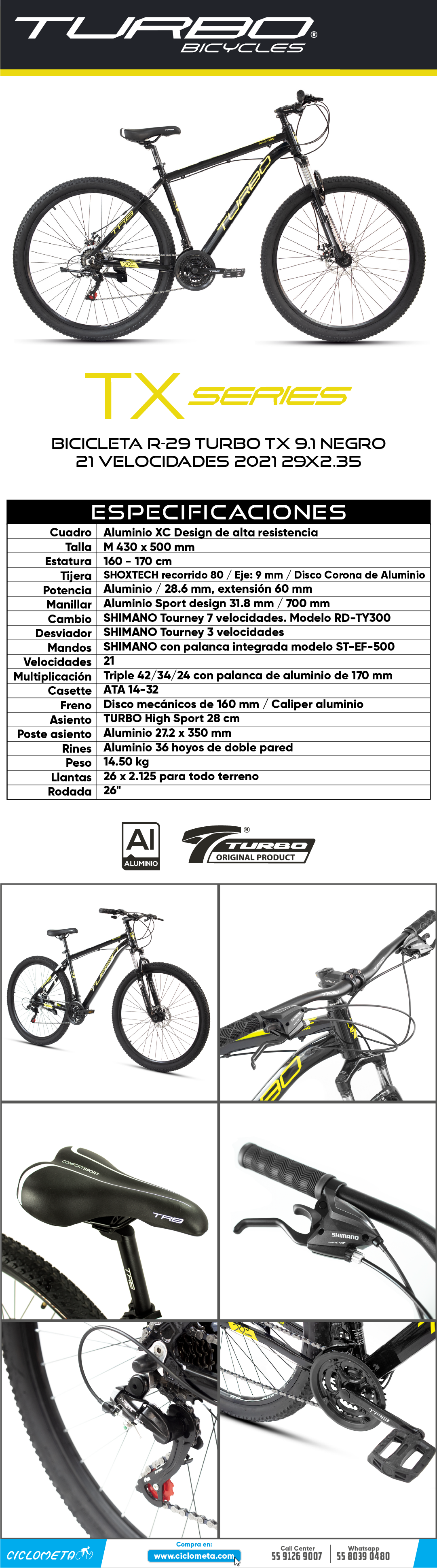 Bicimex Detalles Bicicleta R 29 Montaña TX 9.1 21 Aluminio negro amarillo Turbo
